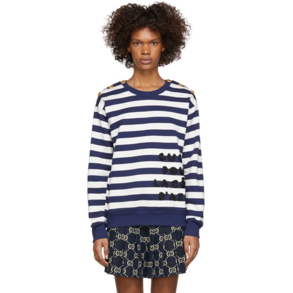 Gucci Pour La Cote DAzur Striped Crewneck Sweatshirt Navy Blue & White